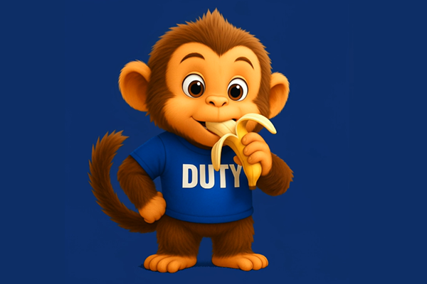 Duty character in a blue shirt holding a banana