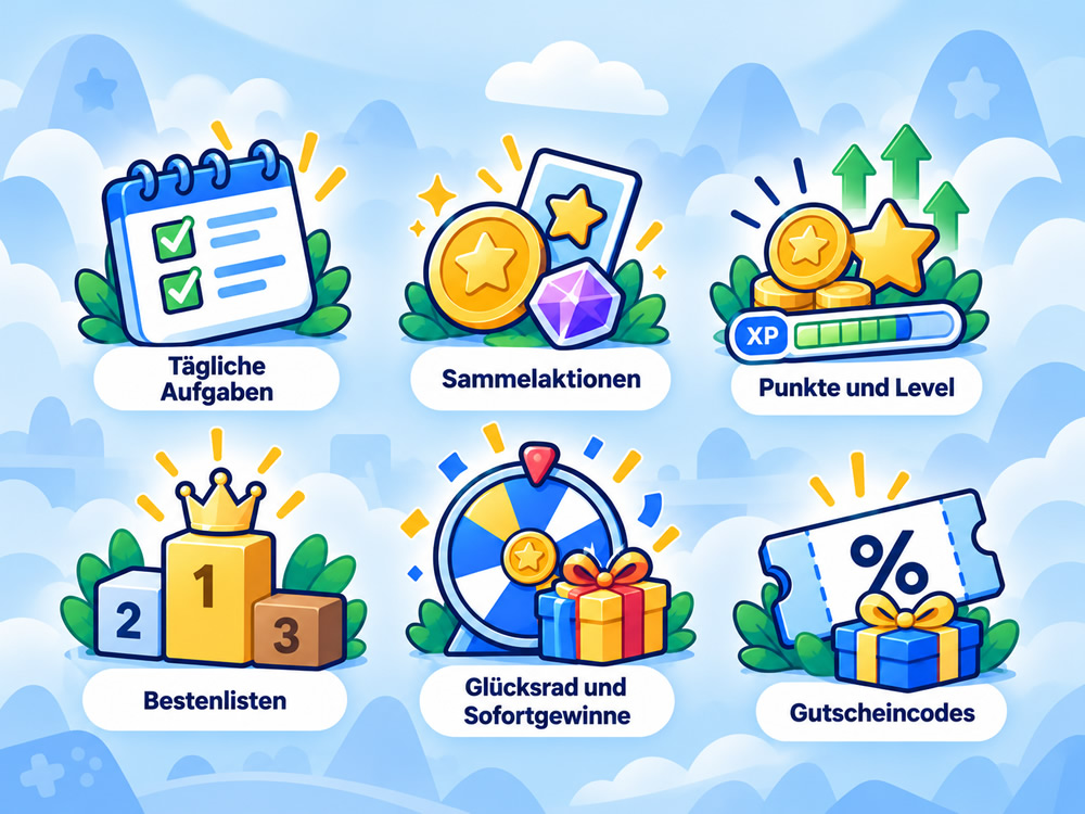 Gamification: Punkte und Level, Bestenlisten, Sammelaktionen, tägliche Aufgaben, Glücksrad und Gutscheincodes