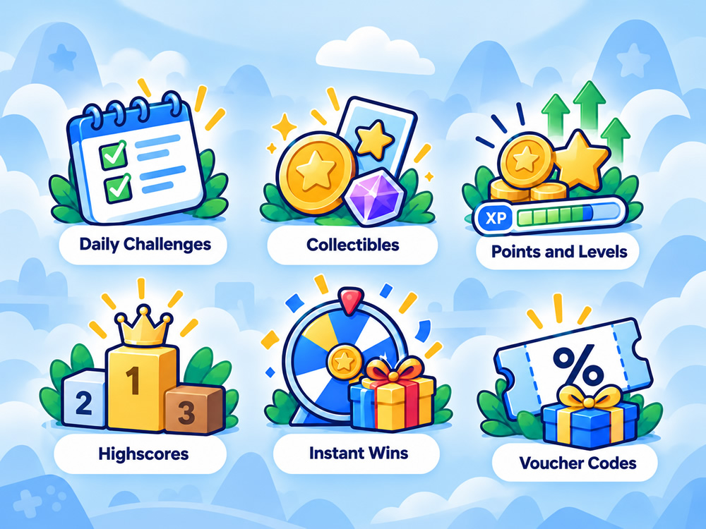 Gamification: points and levels, leaderboards, collecting, daily challenges, wheel of fortune and voucher codes