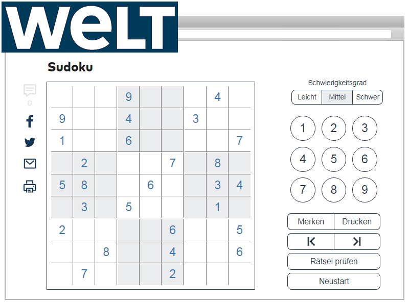 WELT Sudoku für Desktop und mobile Geräte