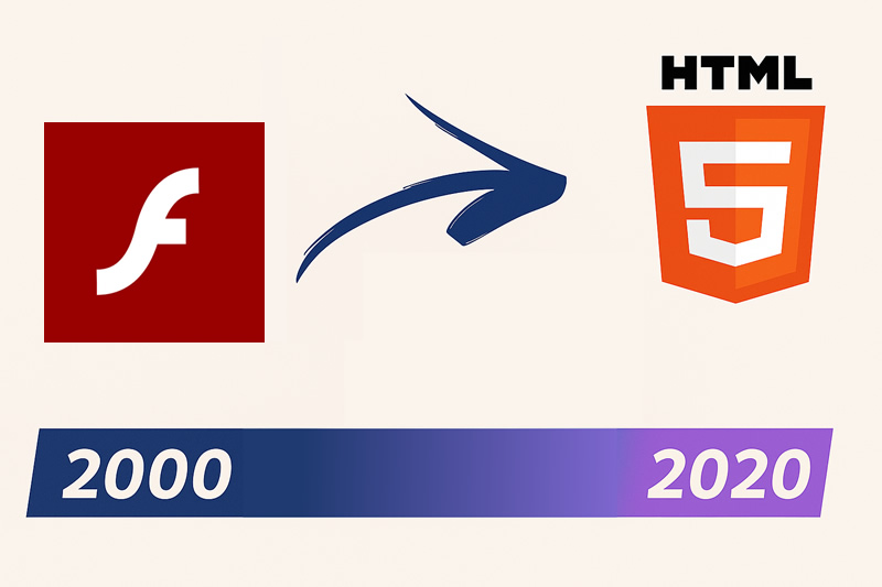 Das Plugin Flash aus dem Jahr 2000 wird bis 2020 von der Technologie HTML5 abgelöst